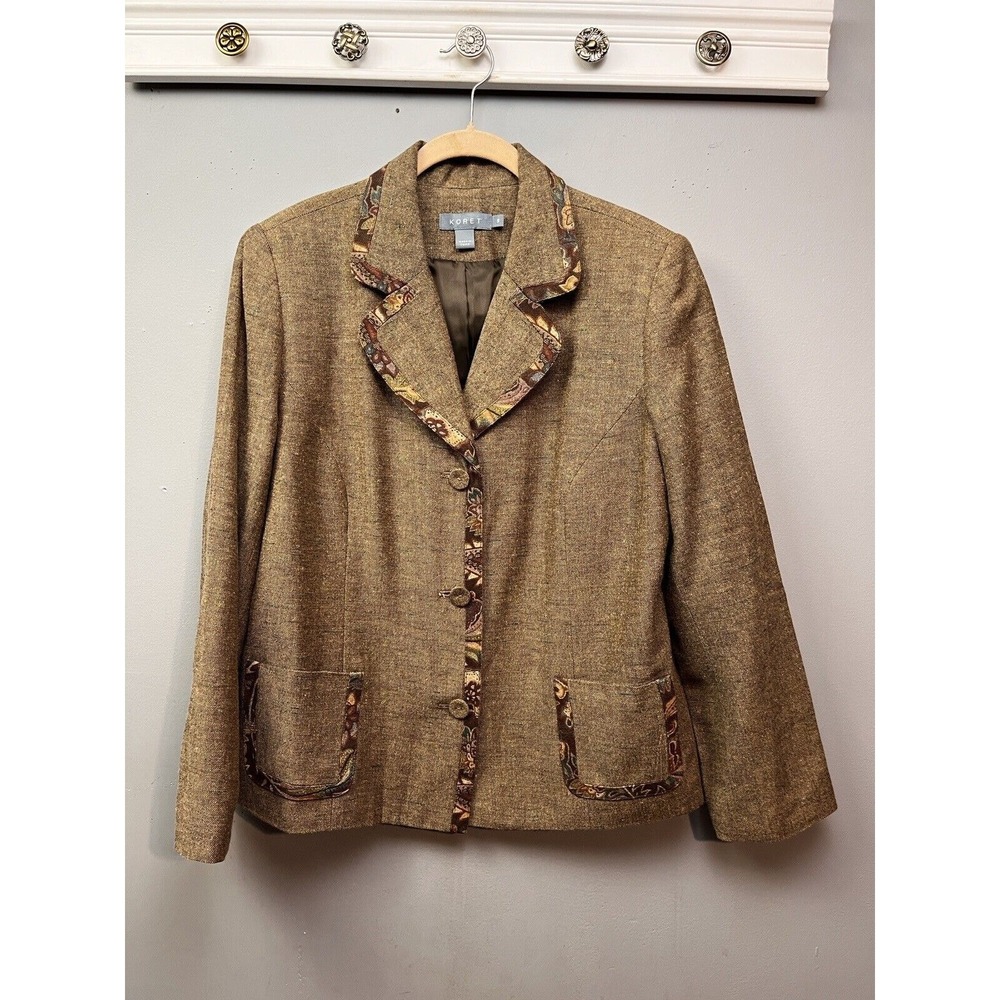 Koret Blazer Womens 16 Brown Tweed Paisley Trim Wool Blend 3-Button Jacket